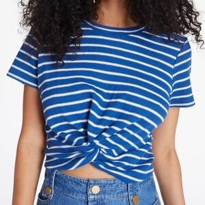 TANYA TAYLOR Zola Twist Knot Cropped T-Shirt Top Pique Knit Blue Striped Sz M